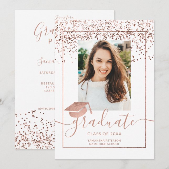 Rose gold Konfetti Abschluss Einladung (Vorne/Hinten)