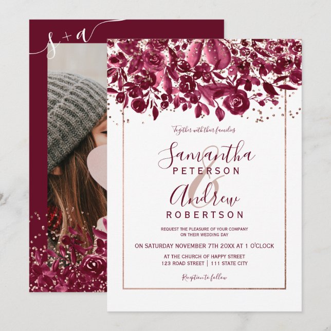 Rose gold Konfetti Bordeaux Foto Hochzeit Einladung (Vorne/Hinten)