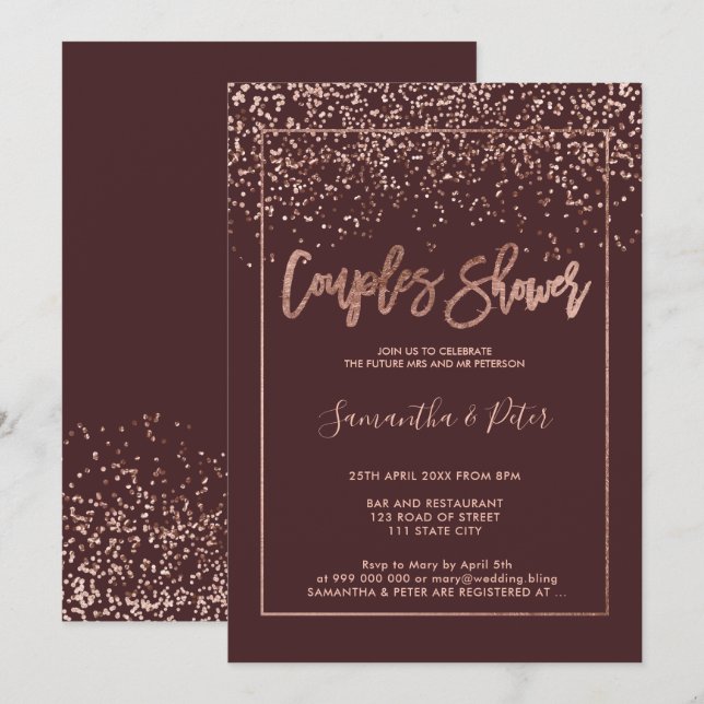 Rose gold Konfetti burgundy Drehbuch Ehepaare Dusc Einladung (Vorne/Hinten)