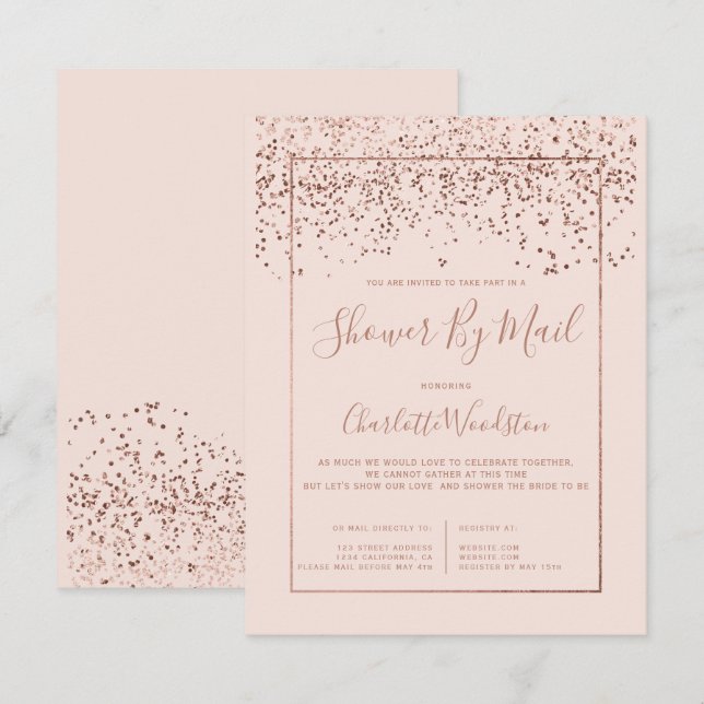 Rose gold Konfetti Erröten Brautparty per Post Einladung (Vorne/Hinten)
