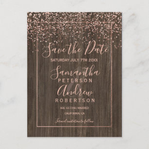 Rose gold Konfetti fallen Holz Skript Save the Dat Ankündigungspostkarte