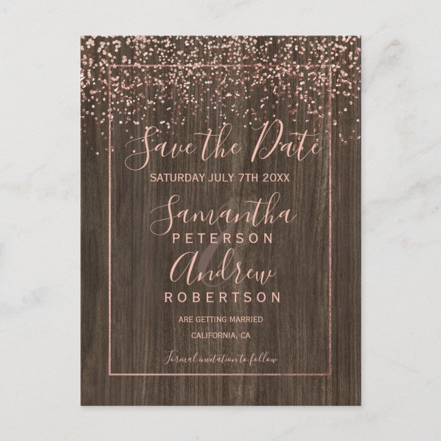 Rose gold Konfetti fallen Holz Skript Save the Dat Ankündigungspostkarte (Vorderseite)