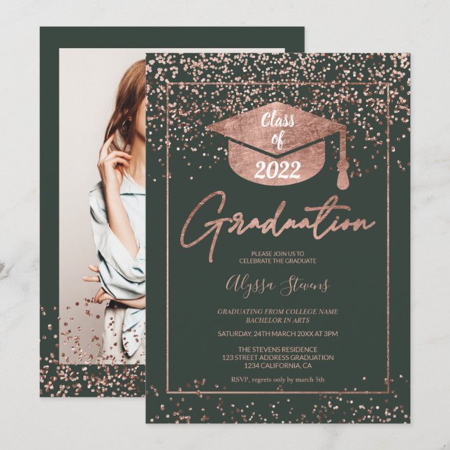Rose gold Konfetti Grün Drehbuch Abschluss Einladung (Vorne/Hinten)