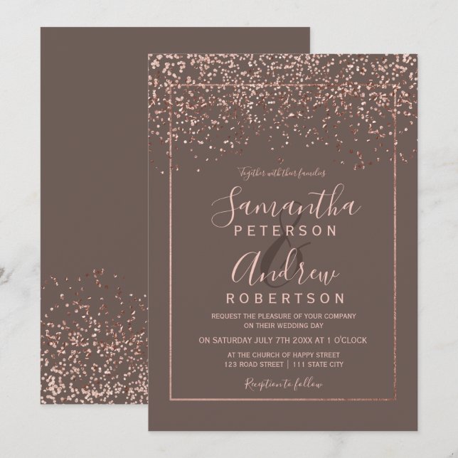 Rose gold Konfetti Kaffeemaschine Hochzeit Einladung (Vorne/Hinten)