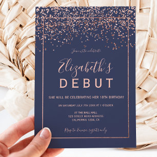 Rose gold Konfetti Marine blau 18. Geburtstag Debü Einladung