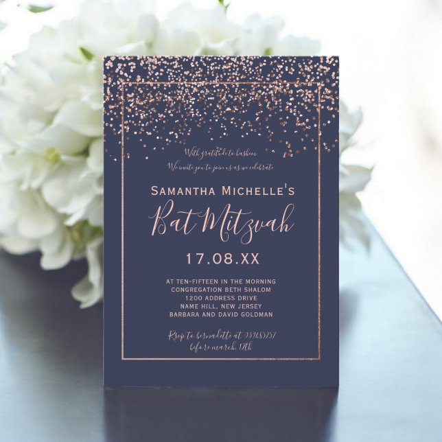 Rose gold Konfetti Marine Blau-Drehfledermaus Mitz Einladung (Rose gold confetti navy blue script bat Mitzvah Invitation)