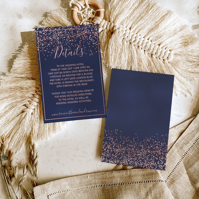 Rose Gold Konfetti Marine blaue Typografie Details Begleitkarte (Von Creator hochgeladen)