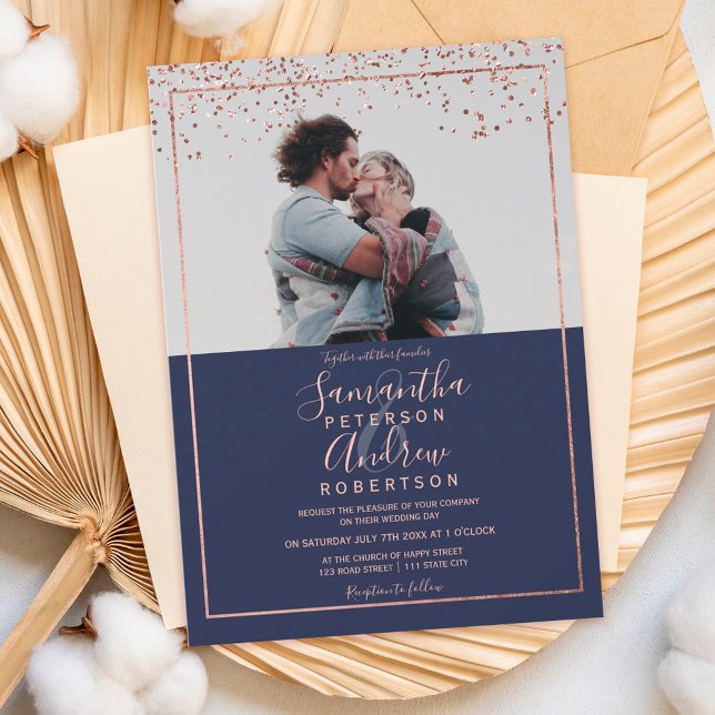 Rose Gold Konfetti Marine Typografie Foto Hochzeit Einladung (Von Creator hochgeladen)