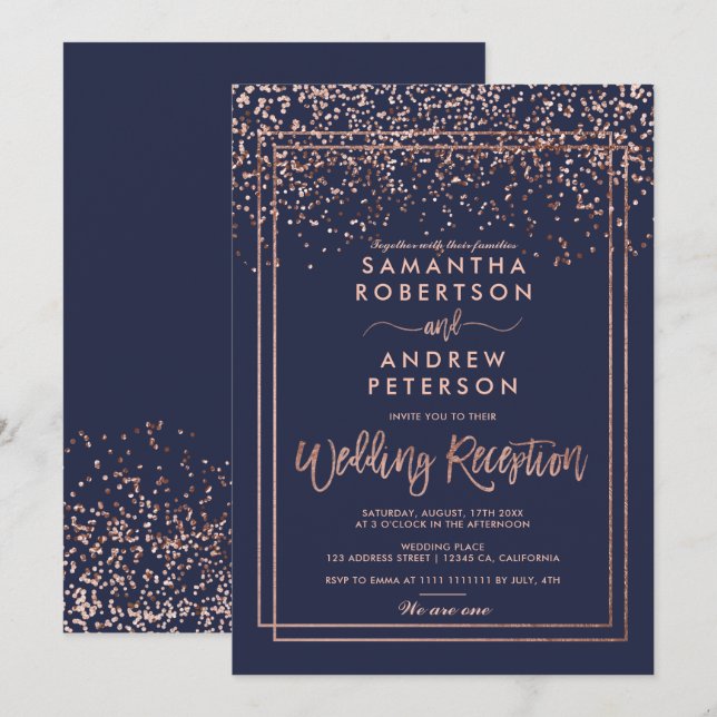 Rose Gold Konfetti Marinebahn Hochzeitsempfang Einladung (Vorne/Hinten)