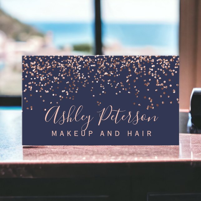 Rose Gold Konfetti Marineblau Chic Typografie Visitenkarte (Rose gold confetti navy blue chic typography business card)