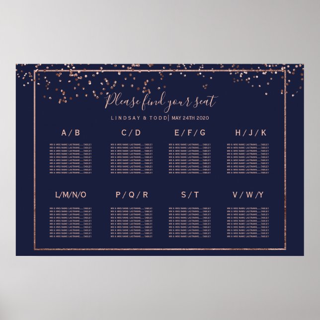 Rose Gold Konfetti Marineblau Hochzeitstisch Sitzp Poster (Vorne)