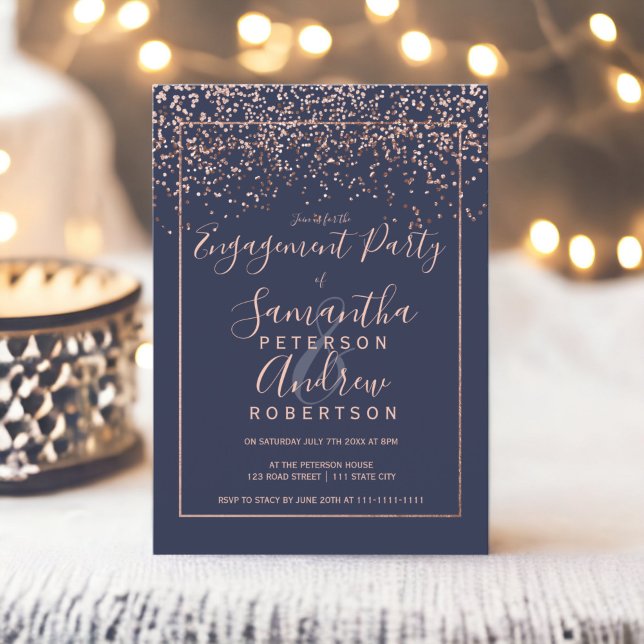 Rose gold Konfetti marineblaue Typografie Verlobun Einladung (Rose gold confetti navy blue typography engagement invitation)
