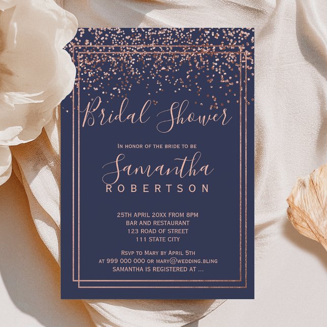 Rose Gold Konfetti Marinebrücke Brautparty Einladung (Rose gold confetti navy blue border bridal shower invitation)
