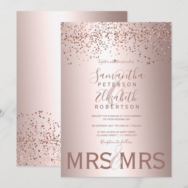 Rose Gold Konfetti Metallfolie Lesben Hochzeit Einladung (Vorne/Hinten)