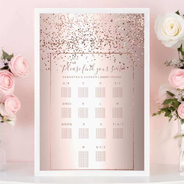Rose Gold Konfetti Metallische Hochzeitskarte Poster (Rose gold confetti metallic wedding seating chart)