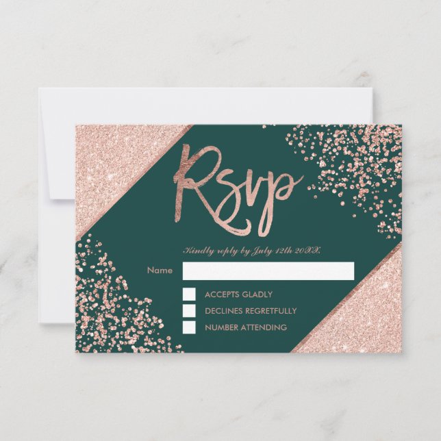 Rose Gold Konfetti Rahmen Grün uAwg Hochzeit RSVP Karte (Vorderseite)