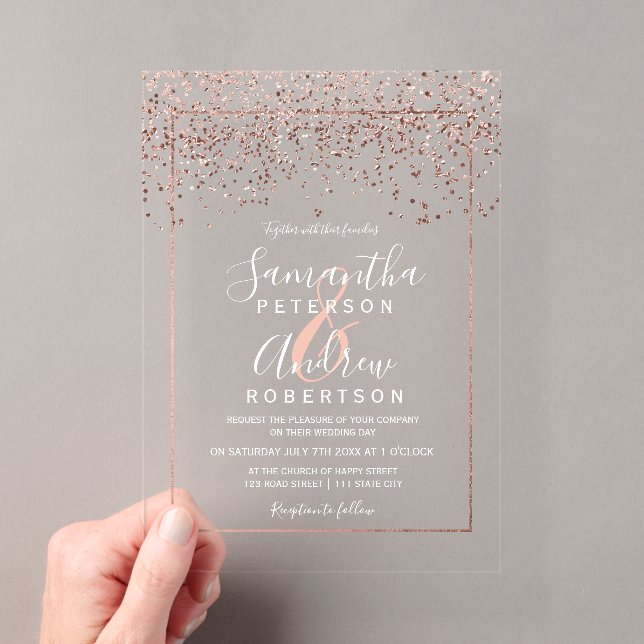 Rose Gold Konfetti Typografie klare Hochzeit Acryleinladungen (Insitu (Handheld))