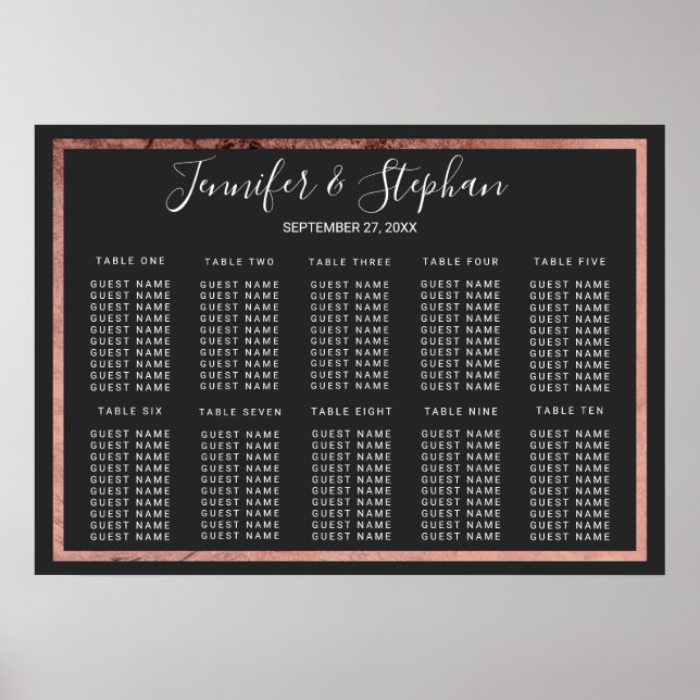 Rose Gold Kontur Grenz Schwarze Sitzkarte Poster (Vorne)