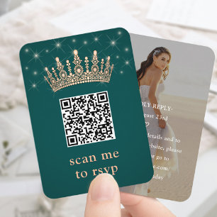 Rose Gold Krone Quinceañera Foto QR RSVP Grün Begleitkarte