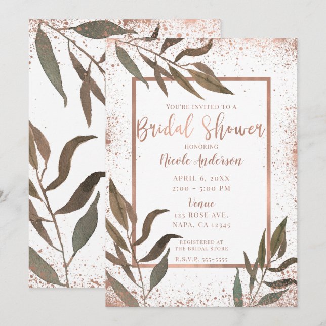 Rose Gold Kupfer Botanisches Glam Brautparty Einladung (Vorne/Hinten)