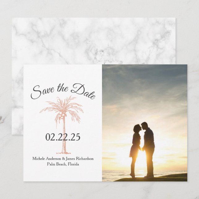 Rose Gold Kupfer Palm Tree Foto Marmorhochzeit Save The Date (Vorne/Hinten)