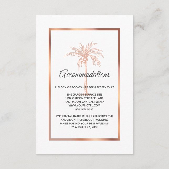 Rose Gold Kupfer Palme Tree Hochzeitsunterkünfte Begleitkarte (Vorderseite)