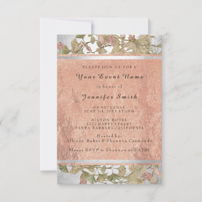 Rose Gold Kupfer Silber Blumenbridal 16. Grün Einladung (Vorderseite)