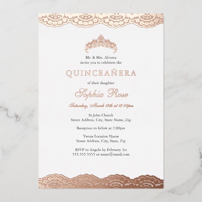 Rose Gold Lace Tiara Quinceanera Foil Folieneinladung (Vorderseite)