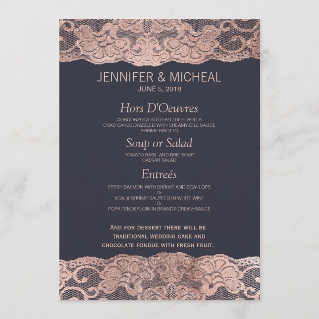 Rose Gold Lace und Navy Blue Wedding Menu Menükarte (Vorderseite)