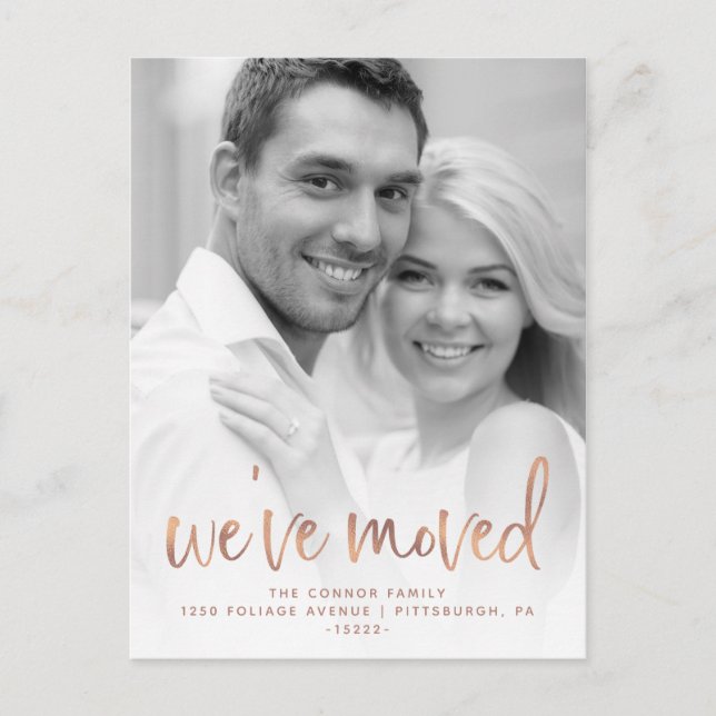 Rose Gold Lässig Script Foto Moving Ankündigung Postkarte (Vorderseite)