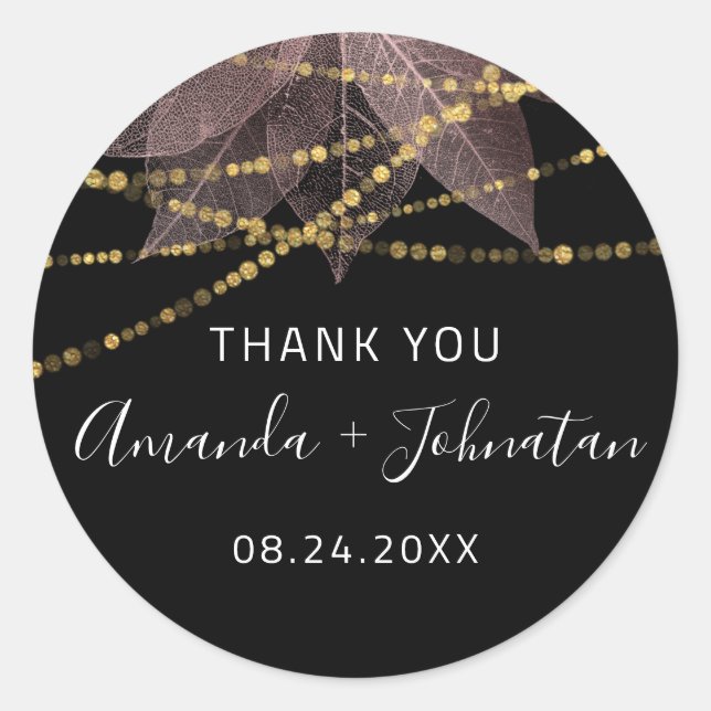 Rose Gold Leaf Name Datum Black Gold Rose Runder Aufkleber (Vorderseite)