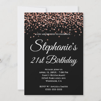 Rose Gold Leopard Border Black 21. Geburtstag Einladung