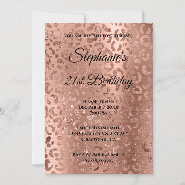 Rose Gold Leopard Glam Foil 21. Geburtstag Einladung (Vorderseite)