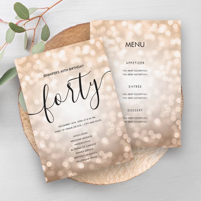 Rose Gold Lights 40th Birthday Menu Programme (Rose Gold Lights 40th Birthday Menu Program)