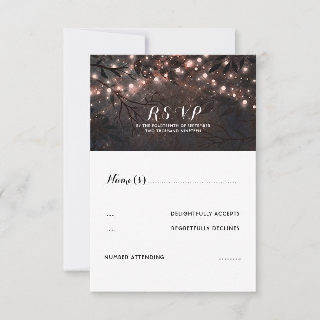 Rose Gold Lights Rustic Wedding RSVP Karte (Vorderseite)