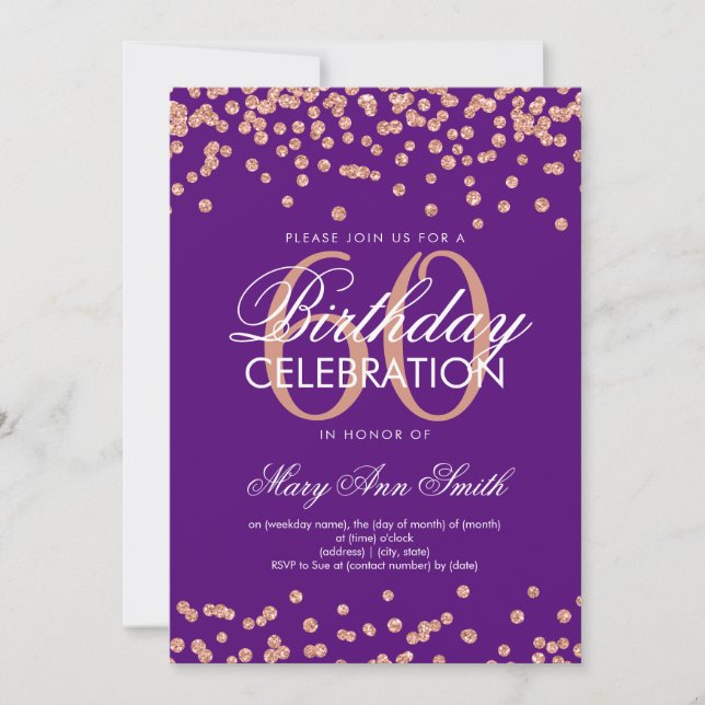 Rose Gold Lila 60. Geburtstag Glitzer Confetti Einladung (Vorderseite)