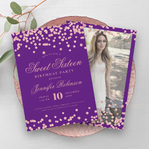 Rose Gold Lila Confetti Foto Sweet 16 Einladung