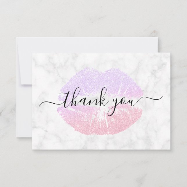 Rose Gold & lila Glitzer Lippen, weißer Marmor Dankeskarte (Vorderseite)