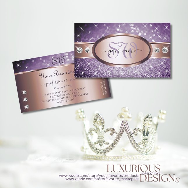 Rose Gold Lila Glitzer Stars Diamanten Monogramm Visitenkarte (Von Creator hochgeladen)