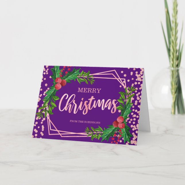 Rose Gold Lila Holly Glitzer Confetti Weihnachten Karte (Vorderseite)