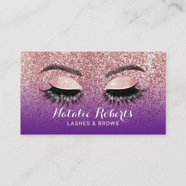 Rose Gold Lila Ombre Eyelash Extensions Salon Visitenkarte (Vorderseite)