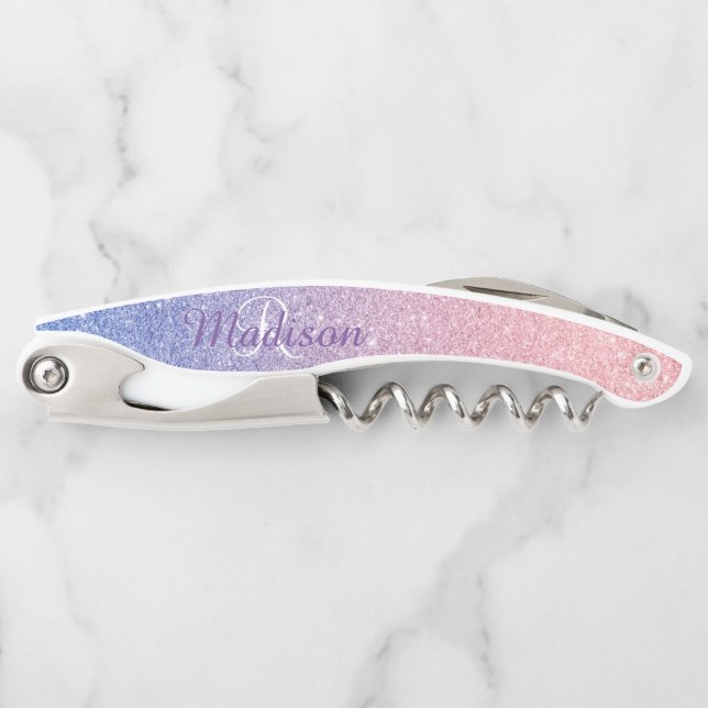 Rose Gold Lila Ombre Fading Monogram Glitzer Kellnermesser (Vorderseite)
