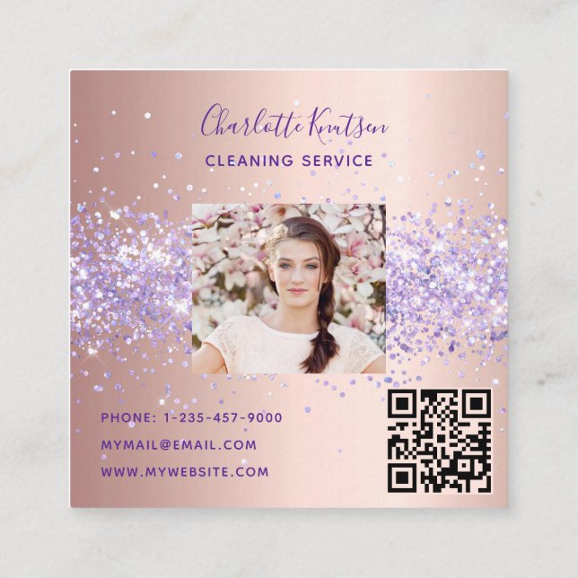 Rose Gold lila Reinigungsservice Foto qr Code Quadratische Visitenkarte (Rückseite)