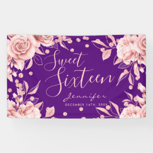 Rose Gold Lila Sweet 16 Glitzer Confetti Floral Banner