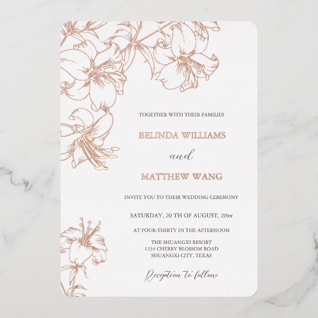 Rose Gold Line Art Lilies Wedding Folieneinladung (Vorderseite)