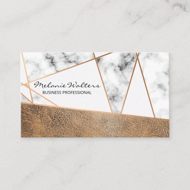 Rose Gold Lines | Braunes Leder und Marmor Visitenkarte (Vorderseite)