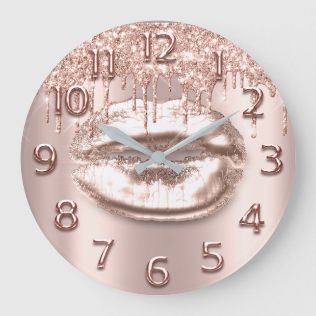 Rose Gold Lippen Nummer Glitzer Tropfen Rose Glitz Große Wanduhr (Vorderseite)