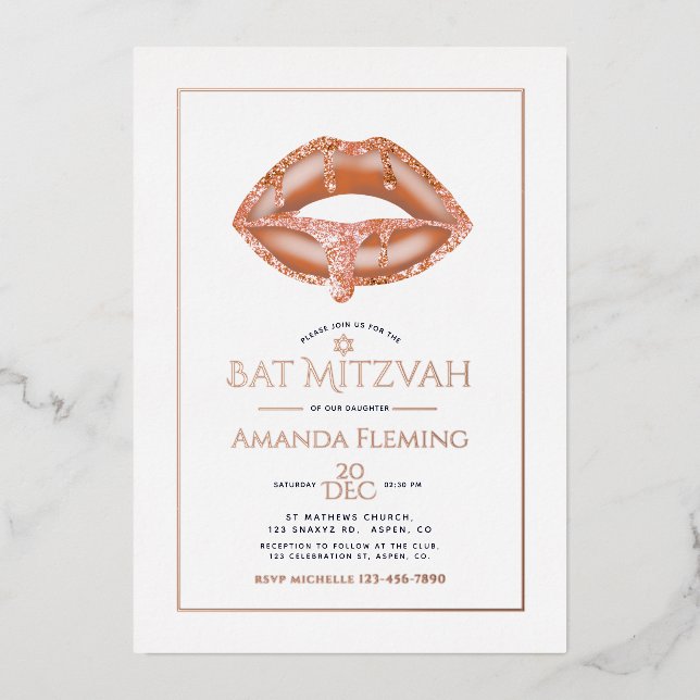 Rose Gold Lips Bat Mitzvah Foto Einladung (Vorderseite)