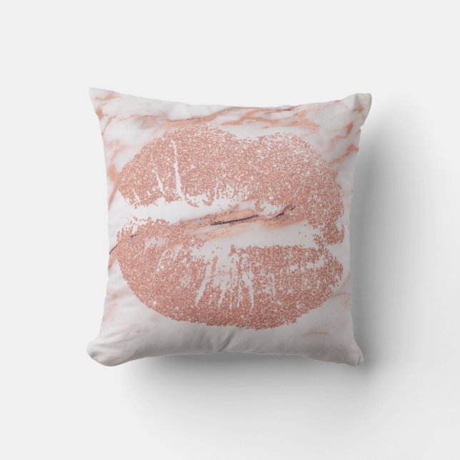 Rose Gold Lips Glitzer Rosa Kupfer Kiss Marmor Kissen (Vorderseite)