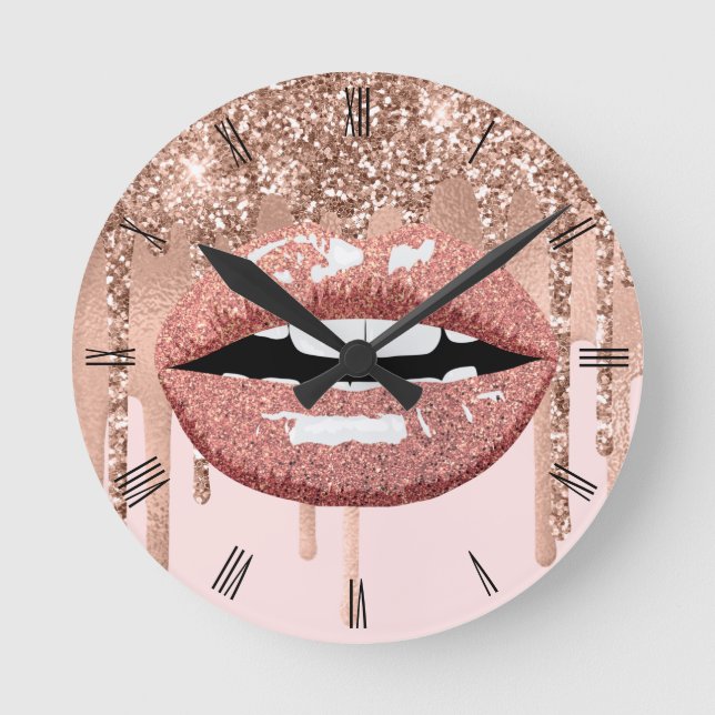 Rose Gold Lips Glitzer Tropfen Schöne Küche Salon Runde Wanduhr (Vorderseite)